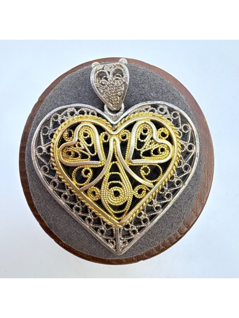 Filigree Heart Pendant Two Tone Sterling Silver 925 Size 1.5" Length